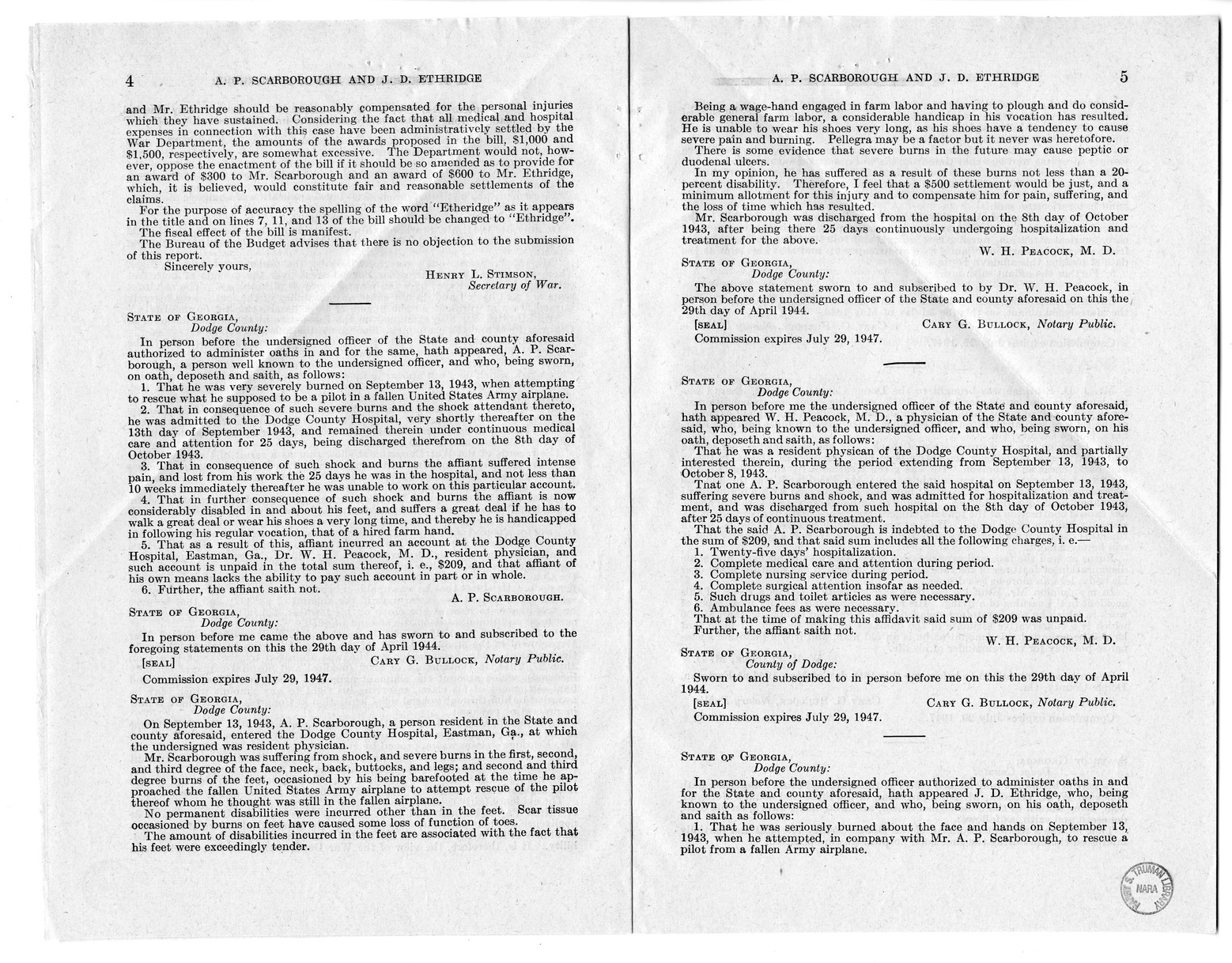 Memorandum from Frederick J. Bailey to M. C. Latta, H.R. 1012, For the Relief of A. P. Scarborough and J. D. Ethridge, with Attachments