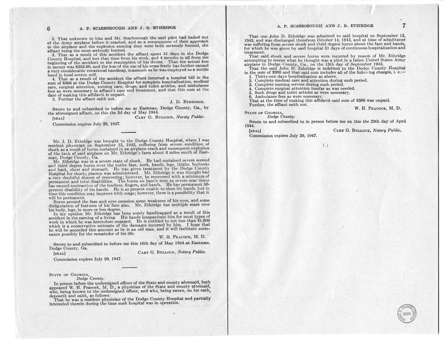 Memorandum from Frederick J. Bailey to M. C. Latta, H.R. 1012, For the Relief of A. P. Scarborough and J. D. Ethridge, with Attachments