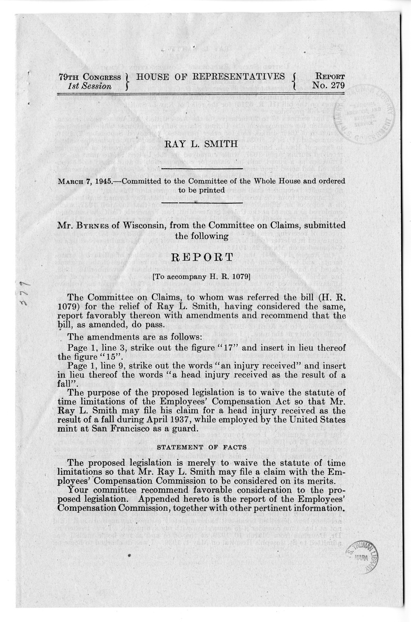 Memorandum from Frederick J. Bailey to M. C. Latta, H.R. 1079, For the Relief of Ray L. Smith, with Attachments