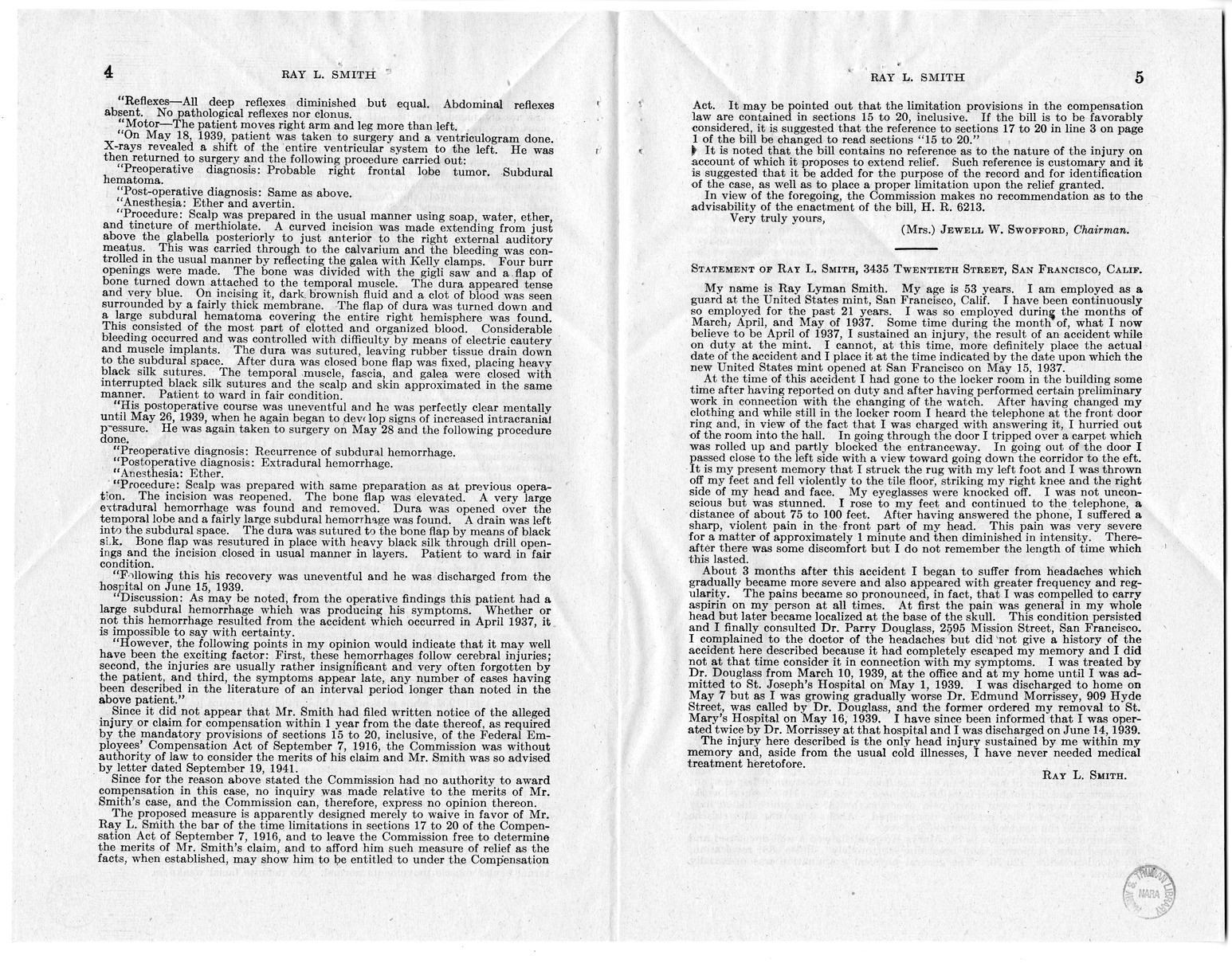 Memorandum from Frederick J. Bailey to M. C. Latta, H.R. 1079, For the Relief of Ray L. Smith, with Attachments