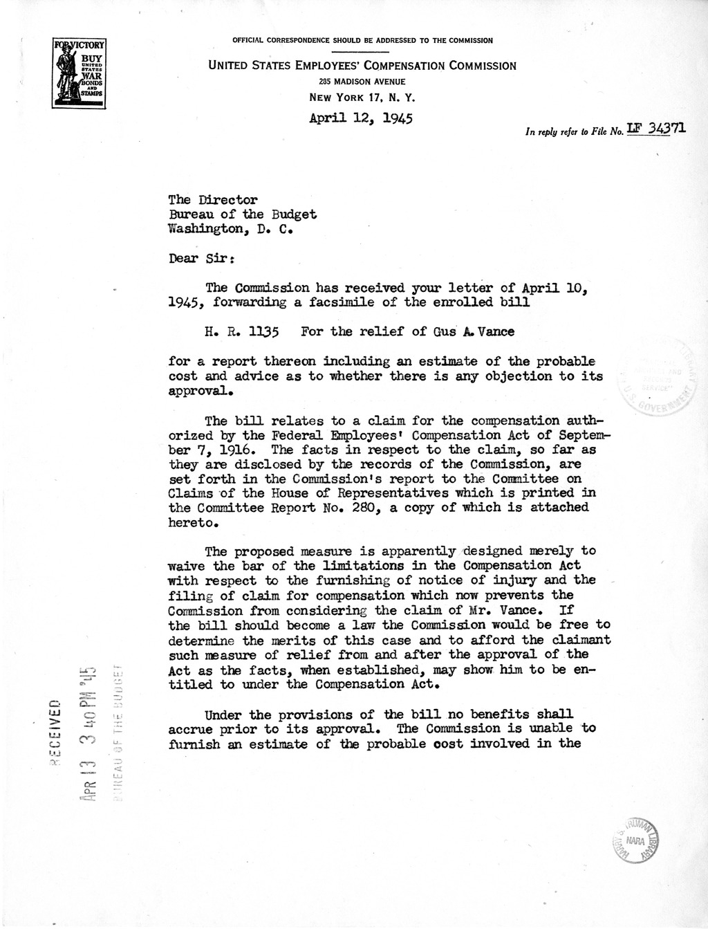 Memorandum from F. J. Bailey to M. C. Latta, H. R. 1135, for the Relief of Gus A. Vance, with Attachments