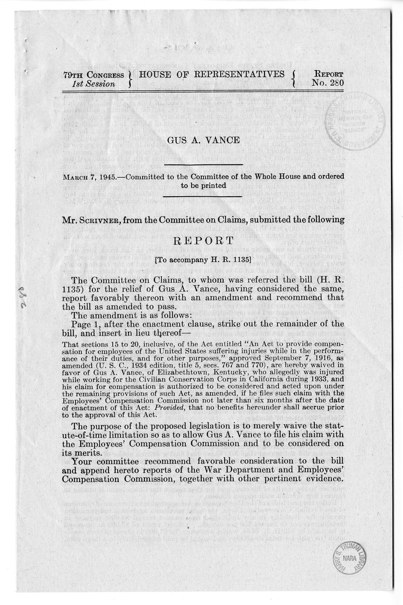 Memorandum from F. J. Bailey to M. C. Latta, H. R. 1135, for the Relief of Gus A. Vance, with Attachments