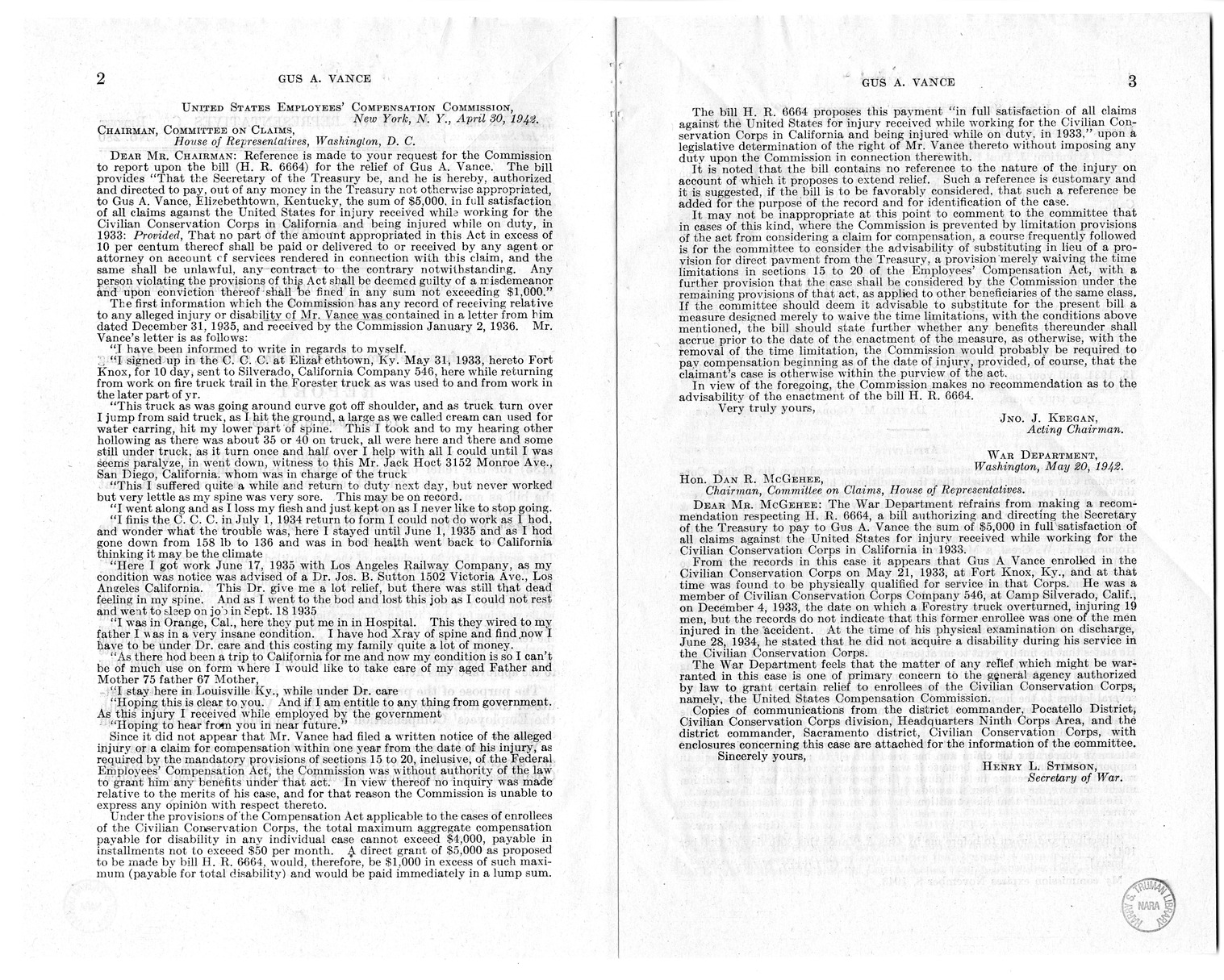 Memorandum from F. J. Bailey to M. C. Latta, H. R. 1135, for the Relief of Gus A. Vance, with Attachments