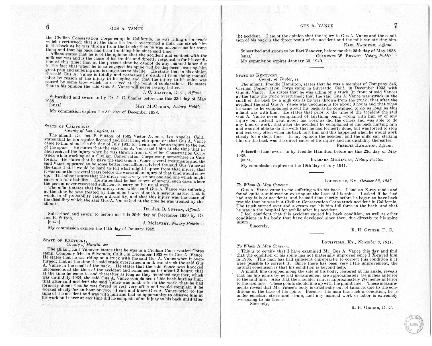 Memorandum from F. J. Bailey to M. C. Latta, H. R. 1135, for the Relief of Gus A. Vance, with Attachments
