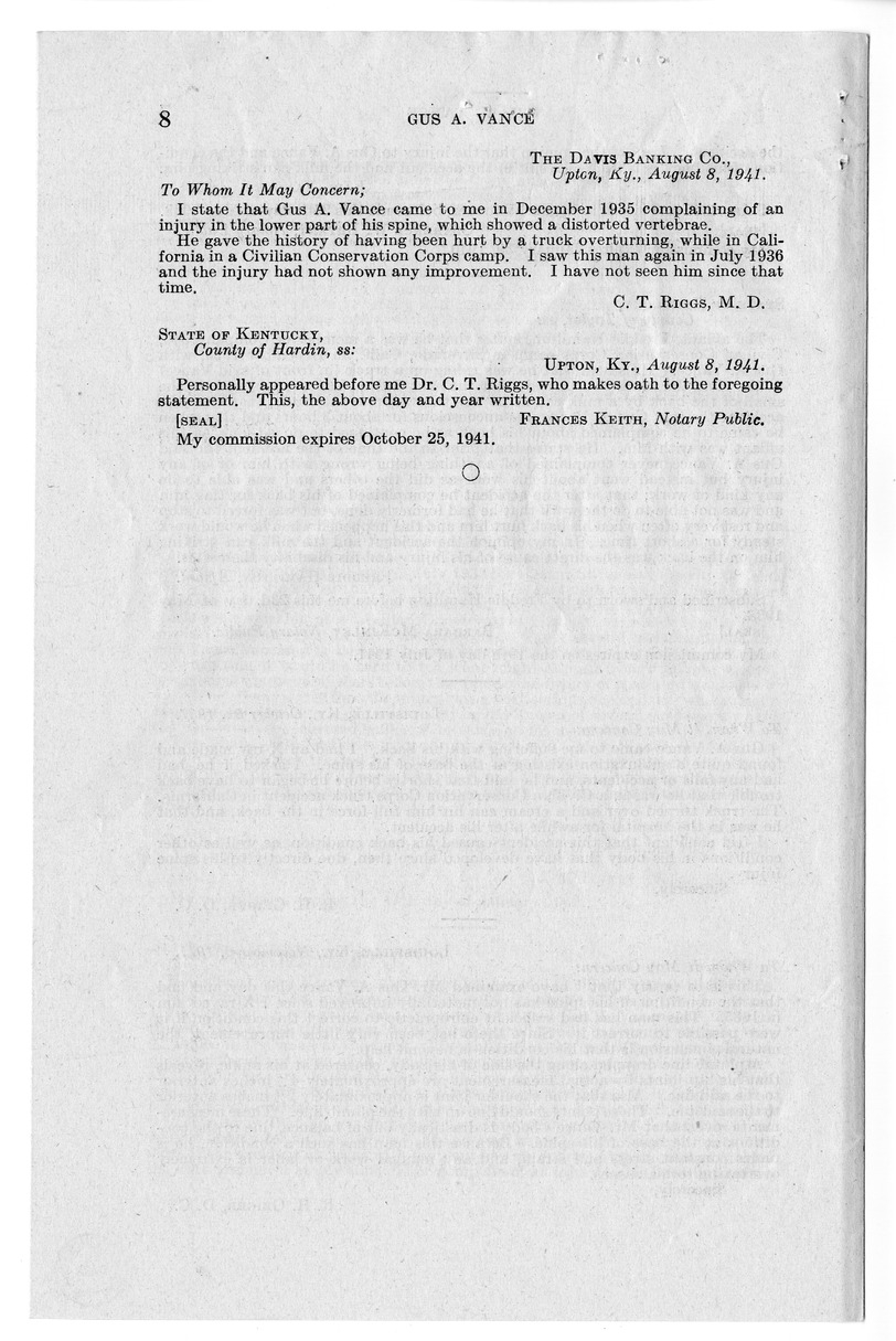 Memorandum from F. J. Bailey to M. C. Latta, H. R. 1135, for the Relief of Gus A. Vance, with Attachments