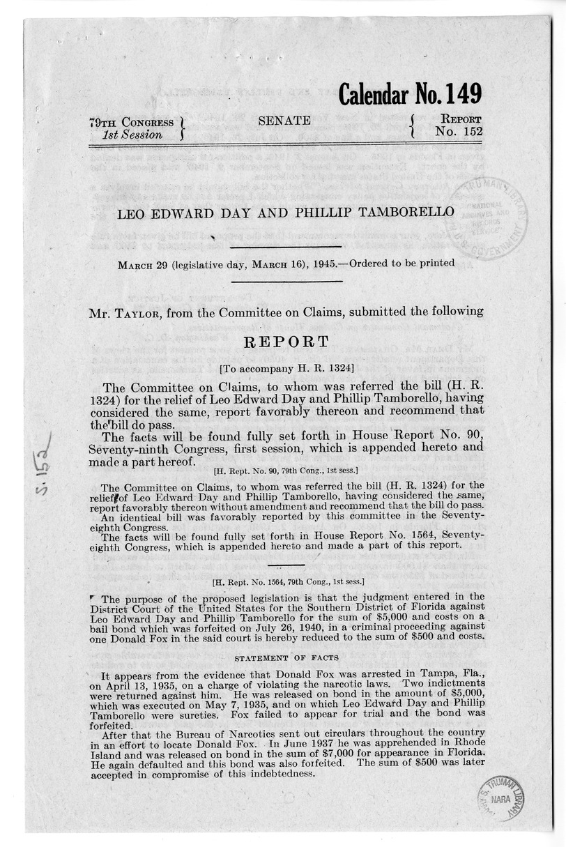 Memorandum from Frederick J. Bailey to M. C. Latta, H.R. 1324, For the Relief of Leo Edward Day and Phillip Tamborello, with Attachments