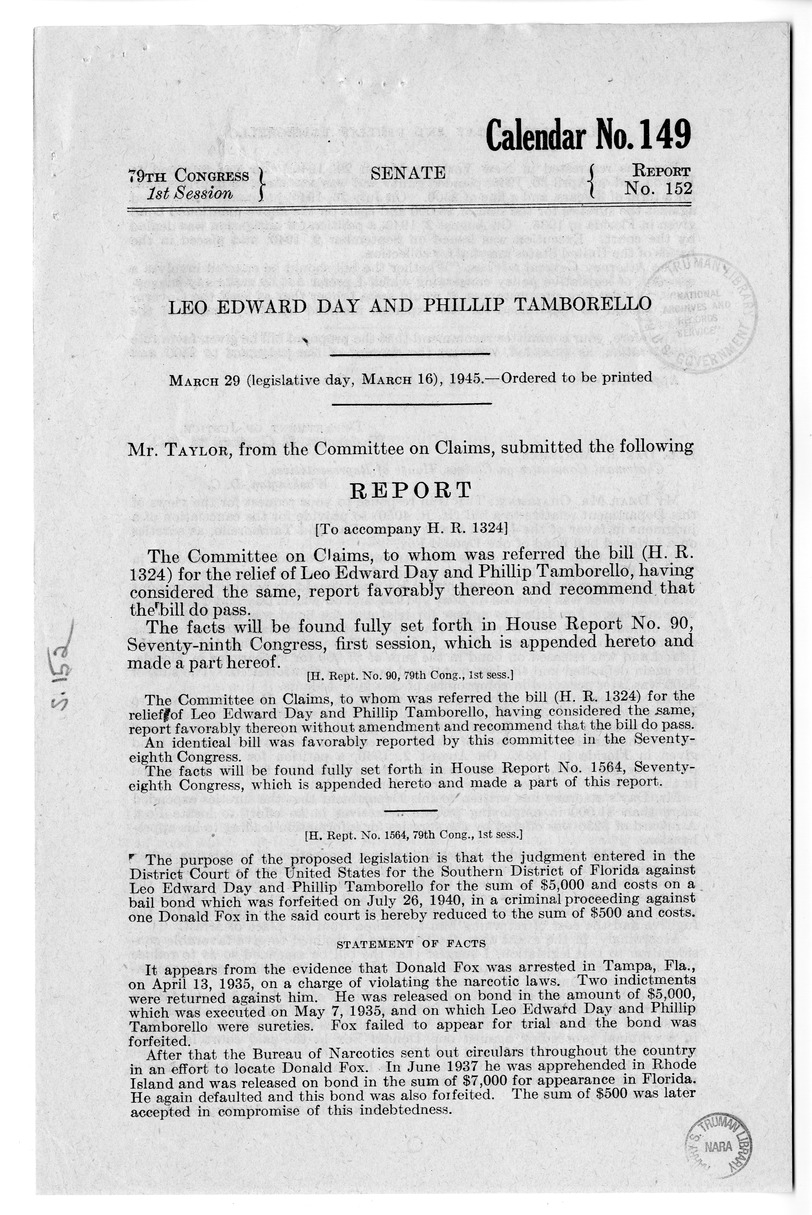 Memorandum from Frederick J. Bailey to M. C. Latta, H.R. 1324, For the Relief of Leo Edward Day and Phillip Tamborello, with Attachments