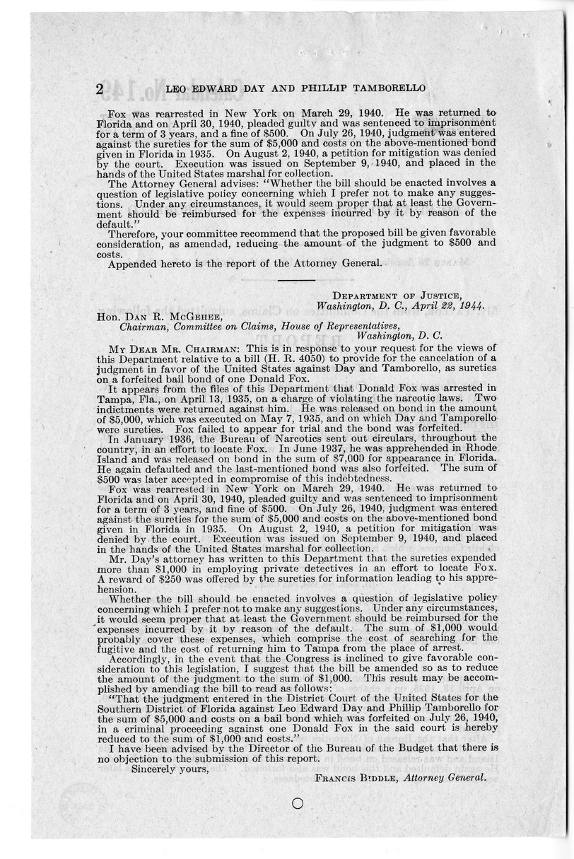 Memorandum from Frederick J. Bailey to M. C. Latta, H.R. 1324, For the Relief of Leo Edward Day and Phillip Tamborello, with Attachments