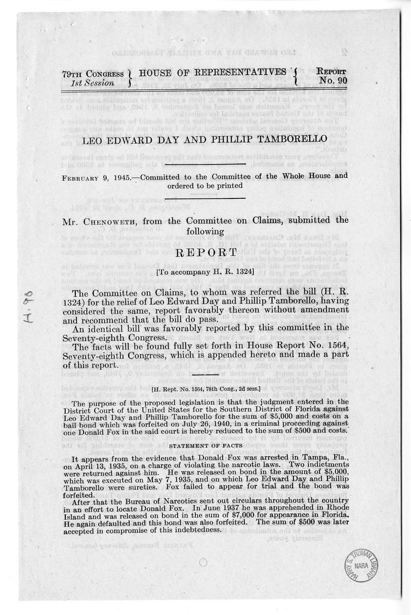 Memorandum from Frederick J. Bailey to M. C. Latta, H.R. 1324, For the Relief of Leo Edward Day and Phillip Tamborello, with Attachments