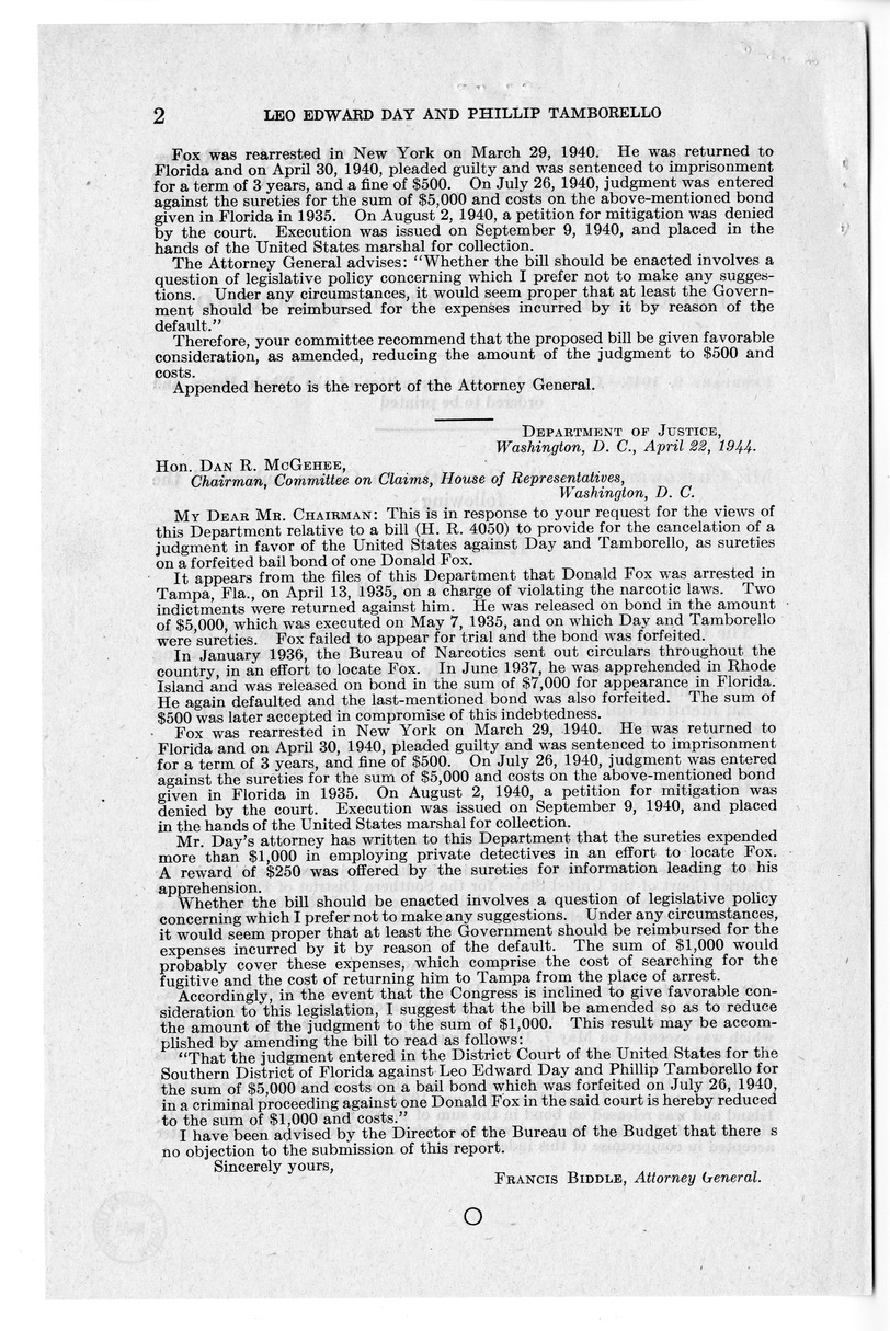 Memorandum from Frederick J. Bailey to M. C. Latta, H.R. 1324, For the Relief of Leo Edward Day and Phillip Tamborello, with Attachments