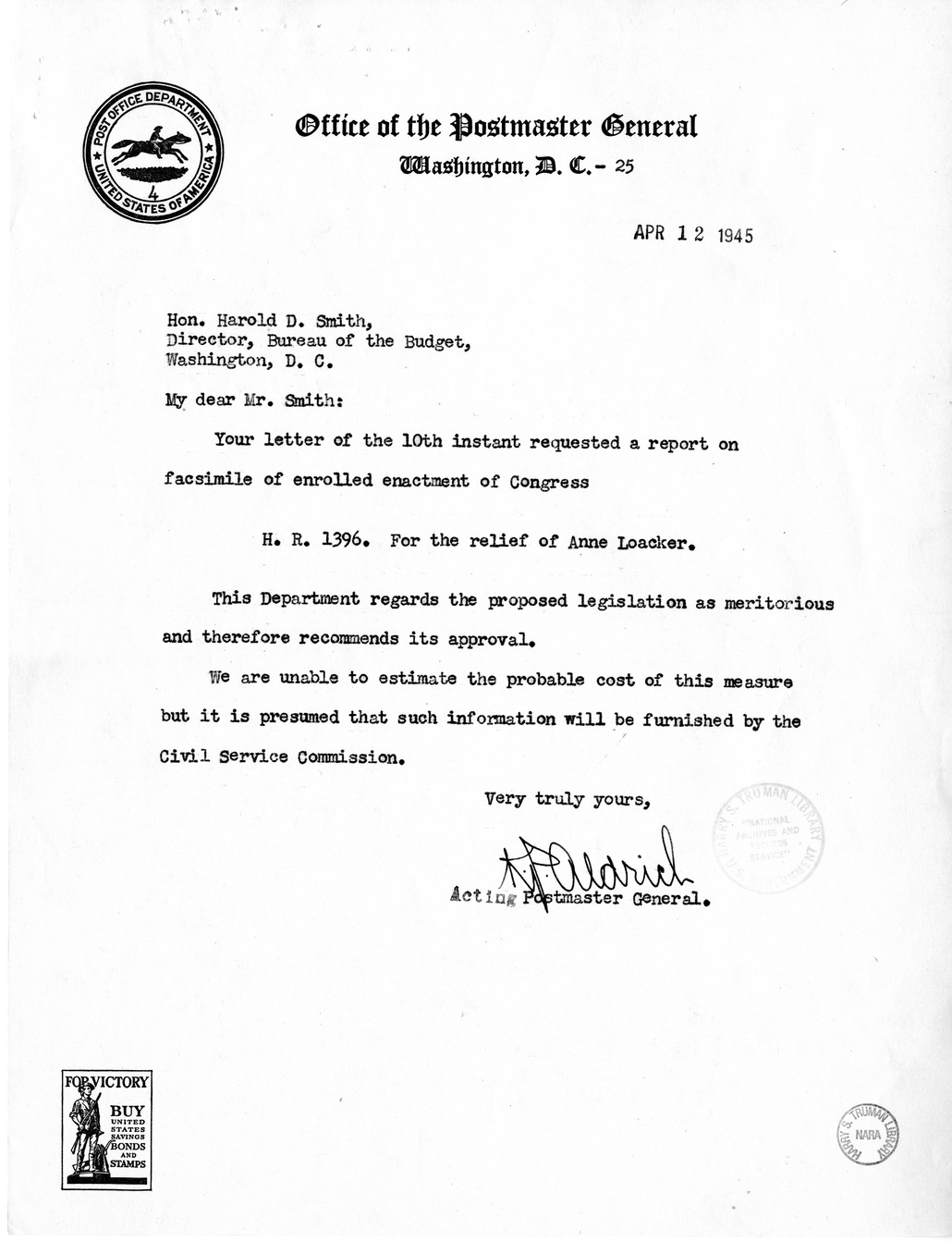 Memorandum from Frederick J. Bailey to M. C. Latta, H. R. 1396, for the Relief of Anne Loacker, with Attachments