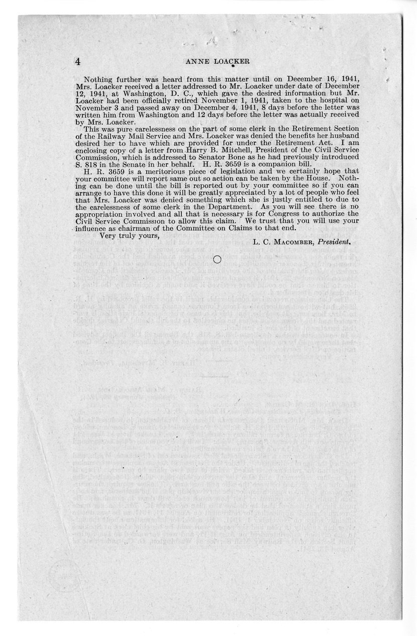 Memorandum from Frederick J. Bailey to M. C. Latta, H. R. 1396, for the Relief of Anne Loacker, with Attachments