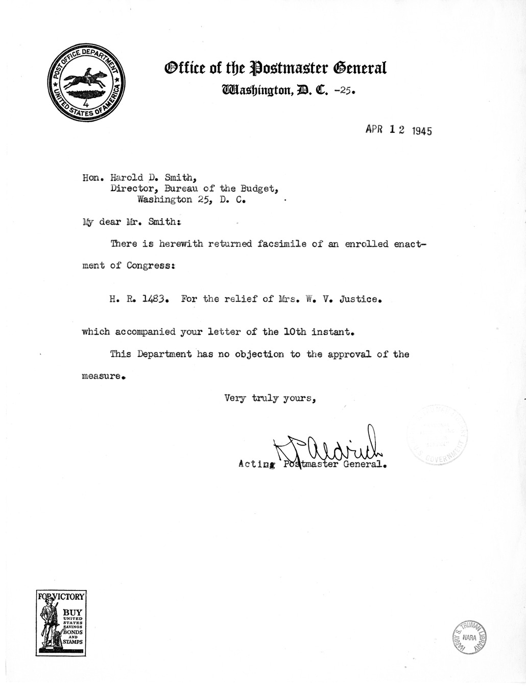 Memorandum from Frederick J. Bailey to M. C. Latta, H.R. 1483, For the Relief of Mrs. W. V. Justice, with Attachments