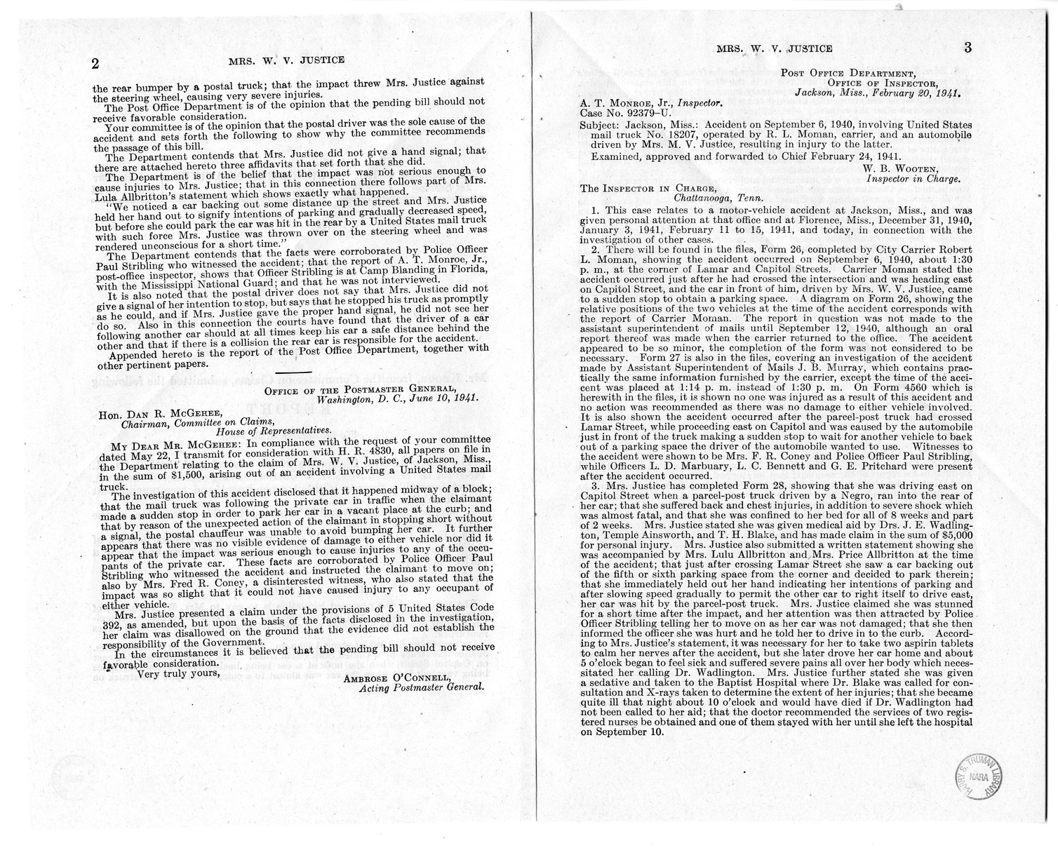 Memorandum from Frederick J. Bailey to M. C. Latta, H.R. 1483, For the Relief of Mrs. W. V. Justice, with Attachments