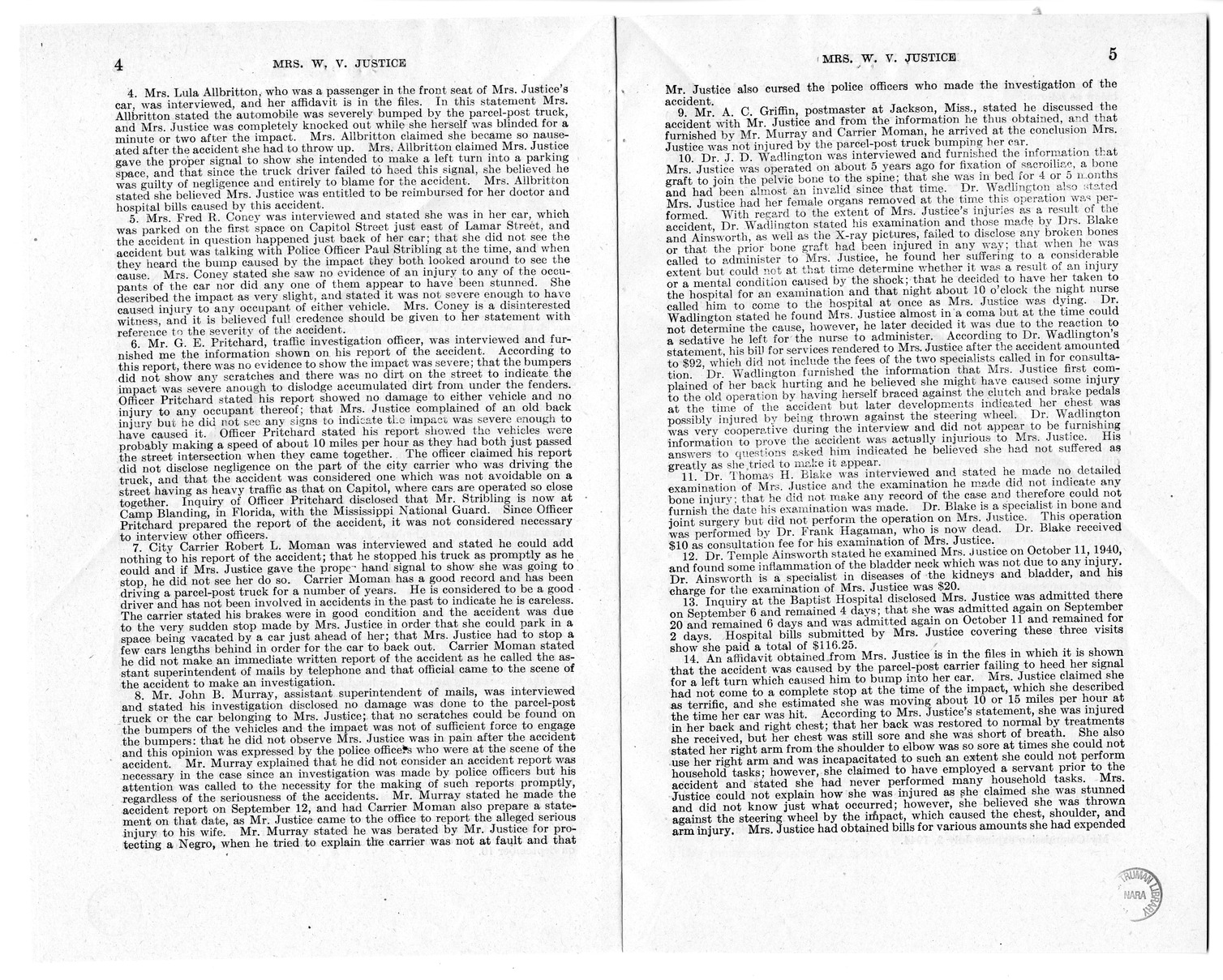 Memorandum from Frederick J. Bailey to M. C. Latta, H.R. 1483, For the Relief of Mrs. W. V. Justice, with Attachments