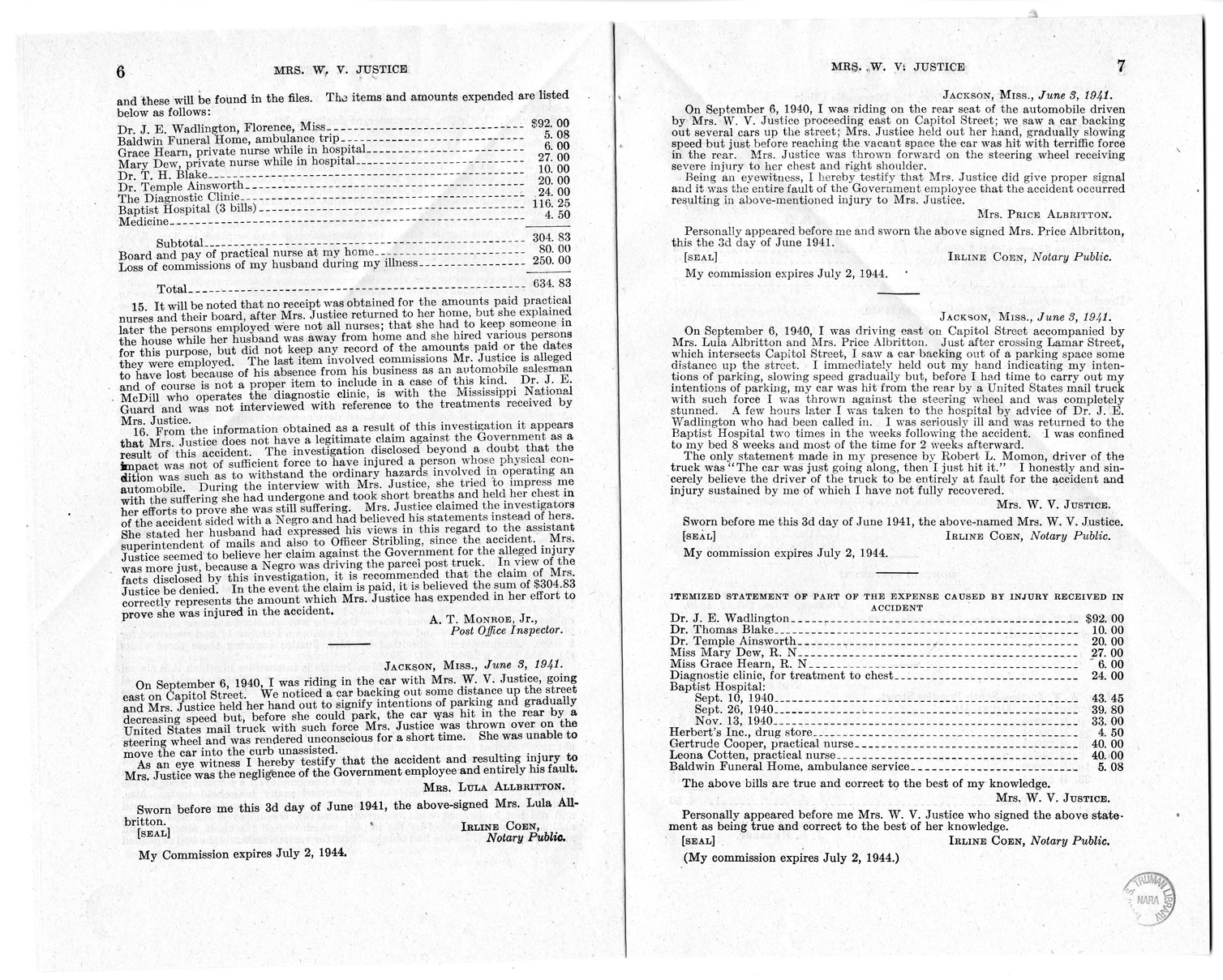 Memorandum from Frederick J. Bailey to M. C. Latta, H.R. 1483, For the Relief of Mrs. W. V. Justice, with Attachments