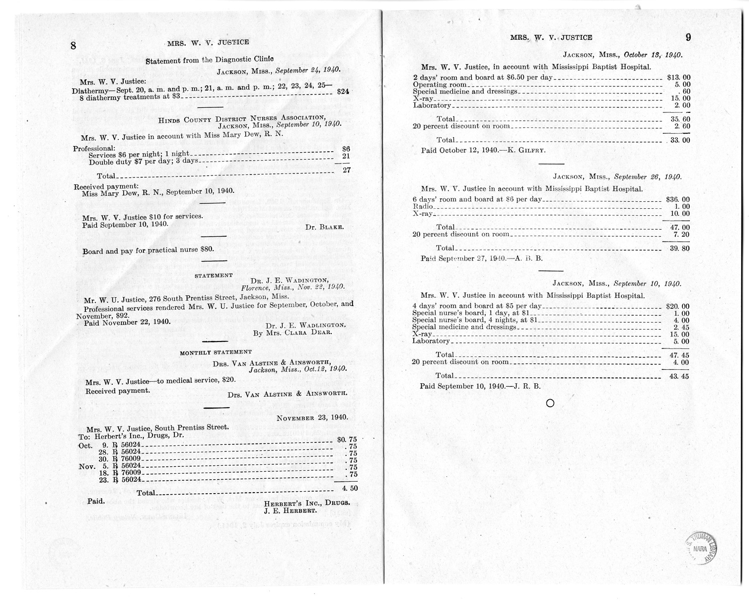 Memorandum from Frederick J. Bailey to M. C. Latta, H.R. 1483, For the Relief of Mrs. W. V. Justice, with Attachments