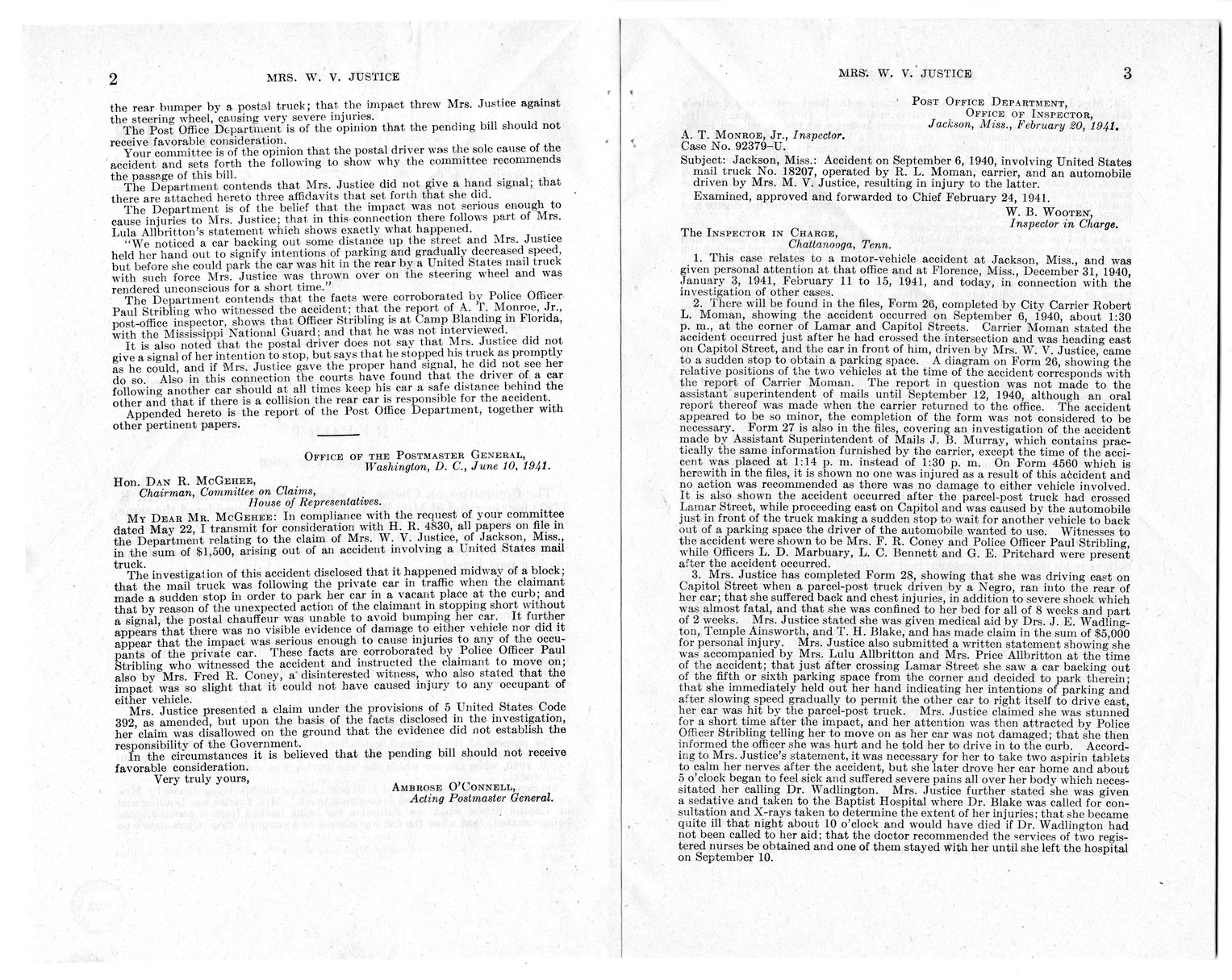 Memorandum from Frederick J. Bailey to M. C. Latta, H.R. 1483, For the Relief of Mrs. W. V. Justice, with Attachments