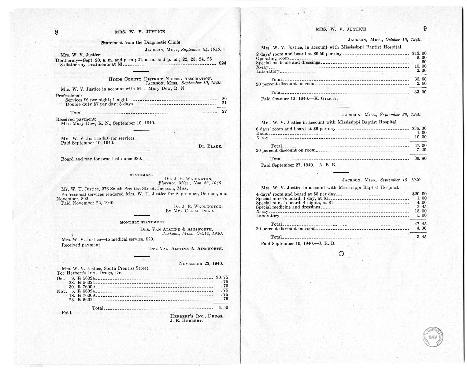 Memorandum from Frederick J. Bailey to M. C. Latta, H.R. 1483, For the Relief of Mrs. W. V. Justice, with Attachments