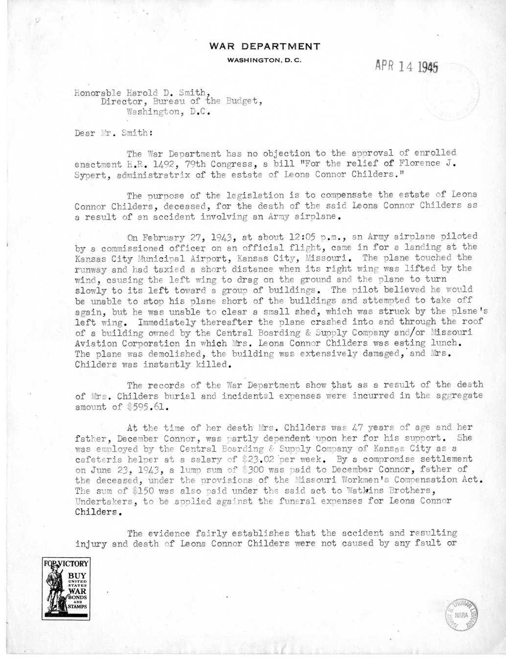 Memorandum from Frederick J. Bailey to M. C. Latta, H.R. 1492, For the Relief of Florence J. Sypert, Administratrix of the Estate of Leona Connor Childers, with Attachments