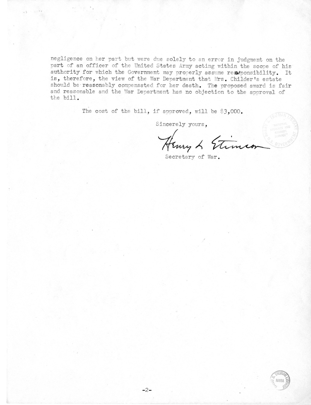 Memorandum from Frederick J. Bailey to M. C. Latta, H.R. 1492, For the Relief of Florence J. Sypert, Administratrix of the Estate of Leona Connor Childers, with Attachments