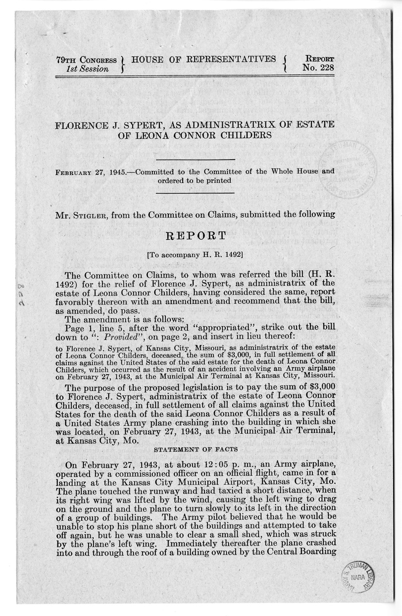 Memorandum from Frederick J. Bailey to M. C. Latta, H.R. 1492, For the Relief of Florence J. Sypert, Administratrix of the Estate of Leona Connor Childers, with Attachments