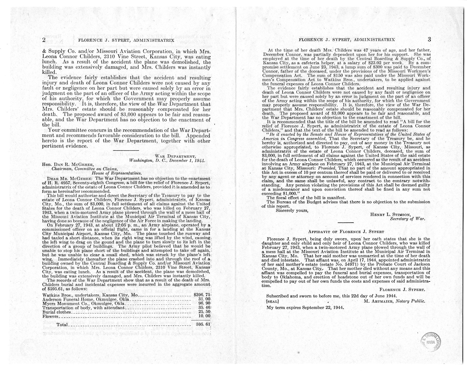 Memorandum from Frederick J. Bailey to M. C. Latta, H.R. 1492, For the Relief of Florence J. Sypert, Administratrix of the Estate of Leona Connor Childers, with Attachments