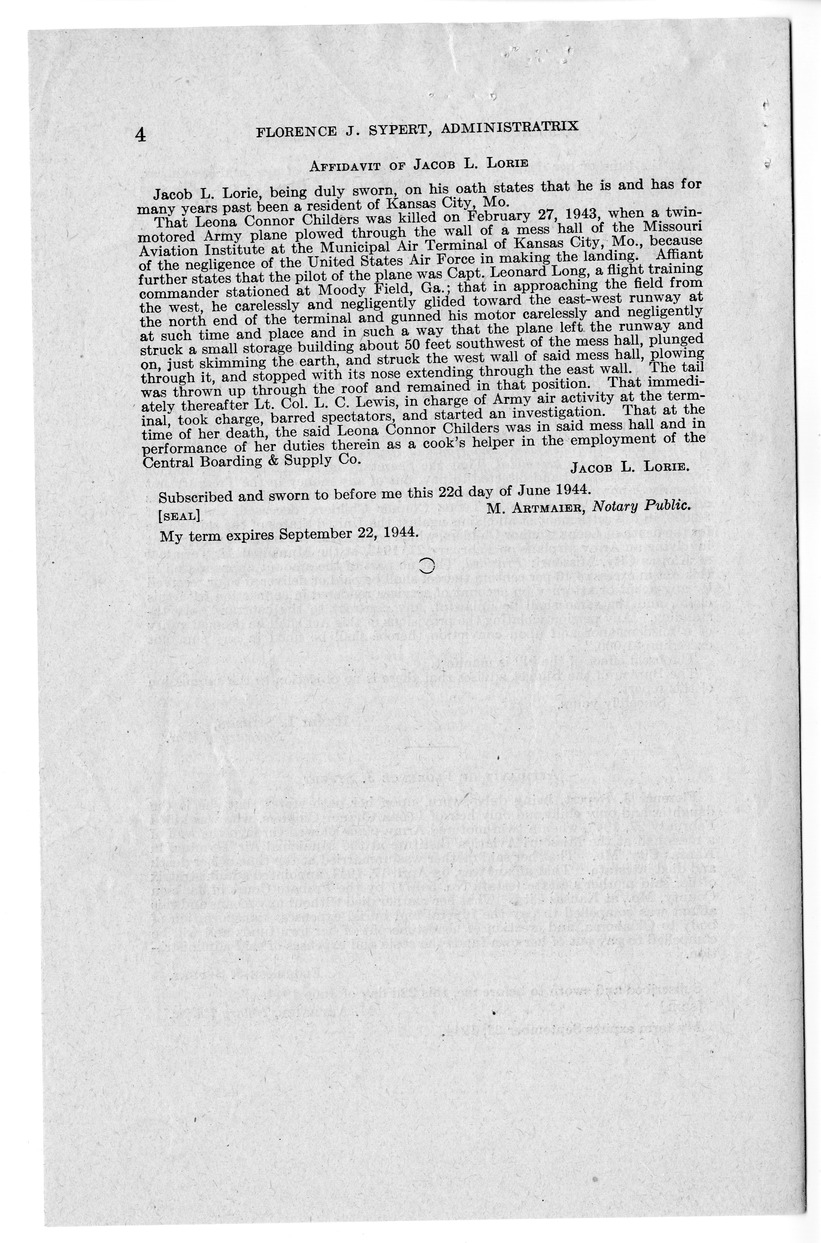 Memorandum from Frederick J. Bailey to M. C. Latta, H.R. 1492, For the Relief of Florence J. Sypert, Administratrix of the Estate of Leona Connor Childers, with Attachments
