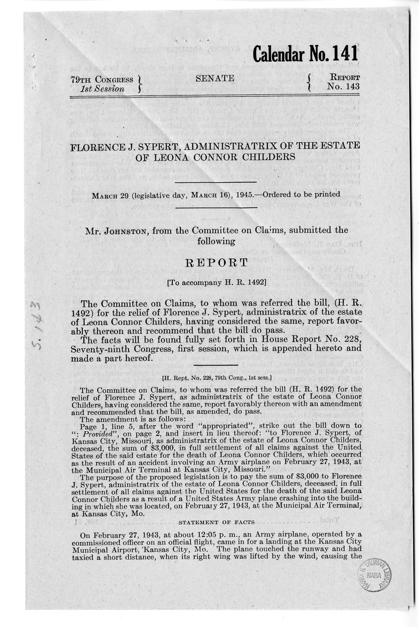 Memorandum from Frederick J. Bailey to M. C. Latta, H.R. 1492, For the Relief of Florence J. Sypert, Administratrix of the Estate of Leona Connor Childers, with Attachments