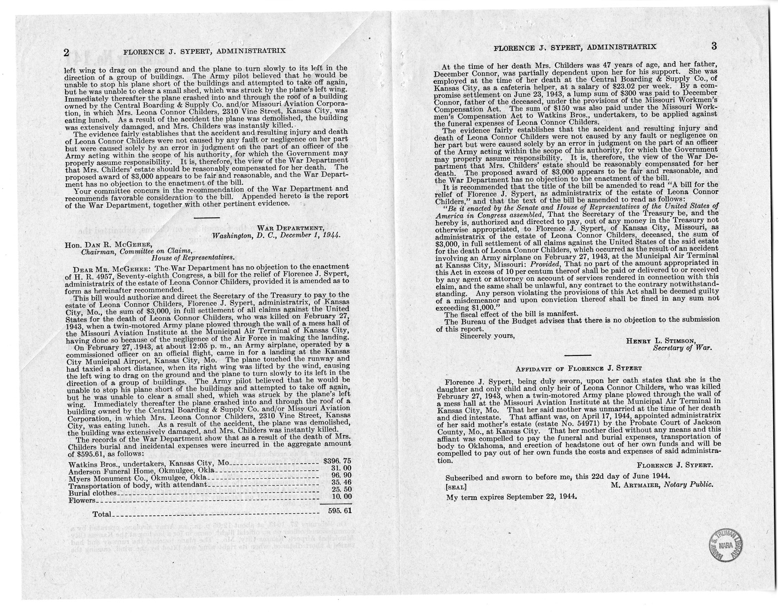 Memorandum from Frederick J. Bailey to M. C. Latta, H.R. 1492, For the Relief of Florence J. Sypert, Administratrix of the Estate of Leona Connor Childers, with Attachments