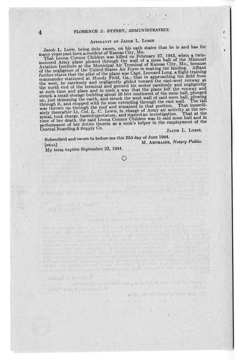 Memorandum from Frederick J. Bailey to M. C. Latta, H.R. 1492, For the Relief of Florence J. Sypert, Administratrix of the Estate of Leona Connor Childers, with Attachments