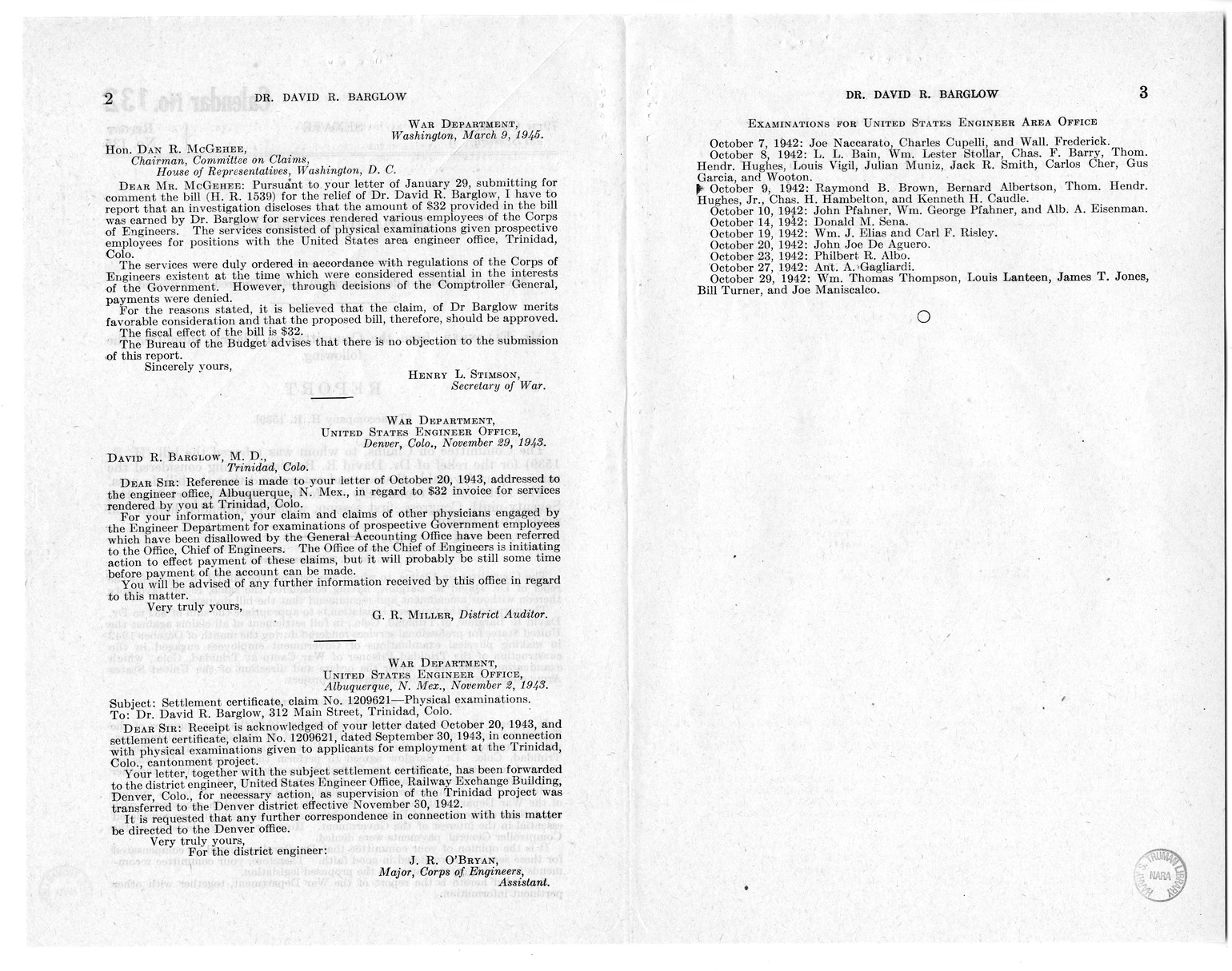 Memorandum from Frederick J. Bailey to M. C. Latta, H.R. 1539, For the Relief of Dr. David J. Barglow, with Attachments
