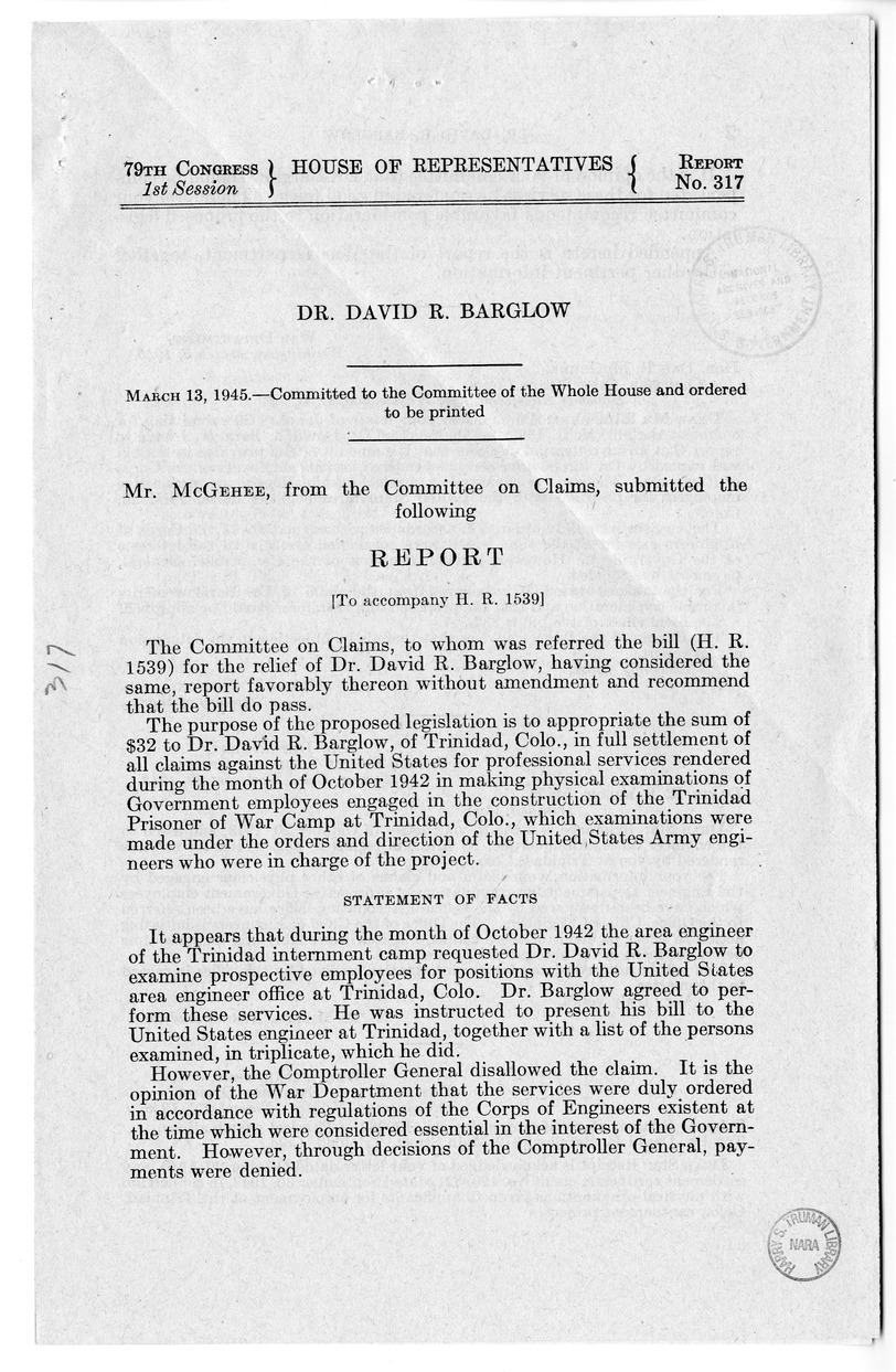 Memorandum from Frederick J. Bailey to M. C. Latta, H.R. 1539, For the Relief of Dr. David J. Barglow, with Attachments