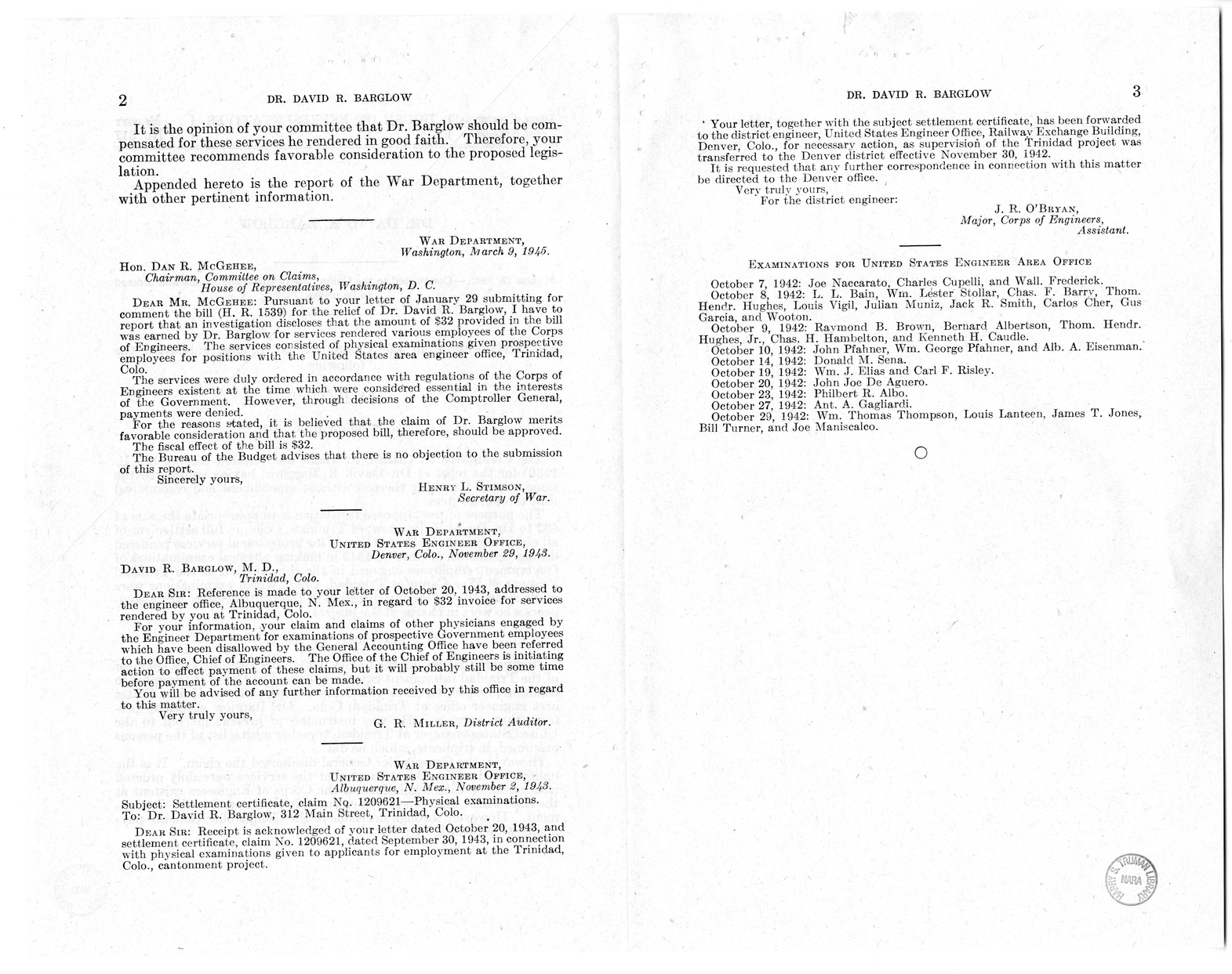 Memorandum from Frederick J. Bailey to M. C. Latta, H.R. 1539, For the Relief of Dr. David J. Barglow, with Attachments