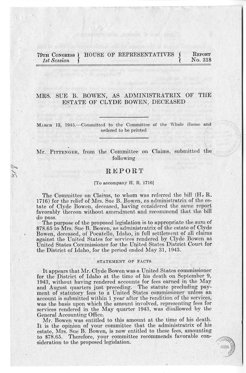 Memorandum from Frederick J. Bailey to M. C. Latta, H.R. 1716, For the Relief of Mrs. Sue B. Bowen, as Administratrix of the Estate of Clyde Bowen, with Attachments