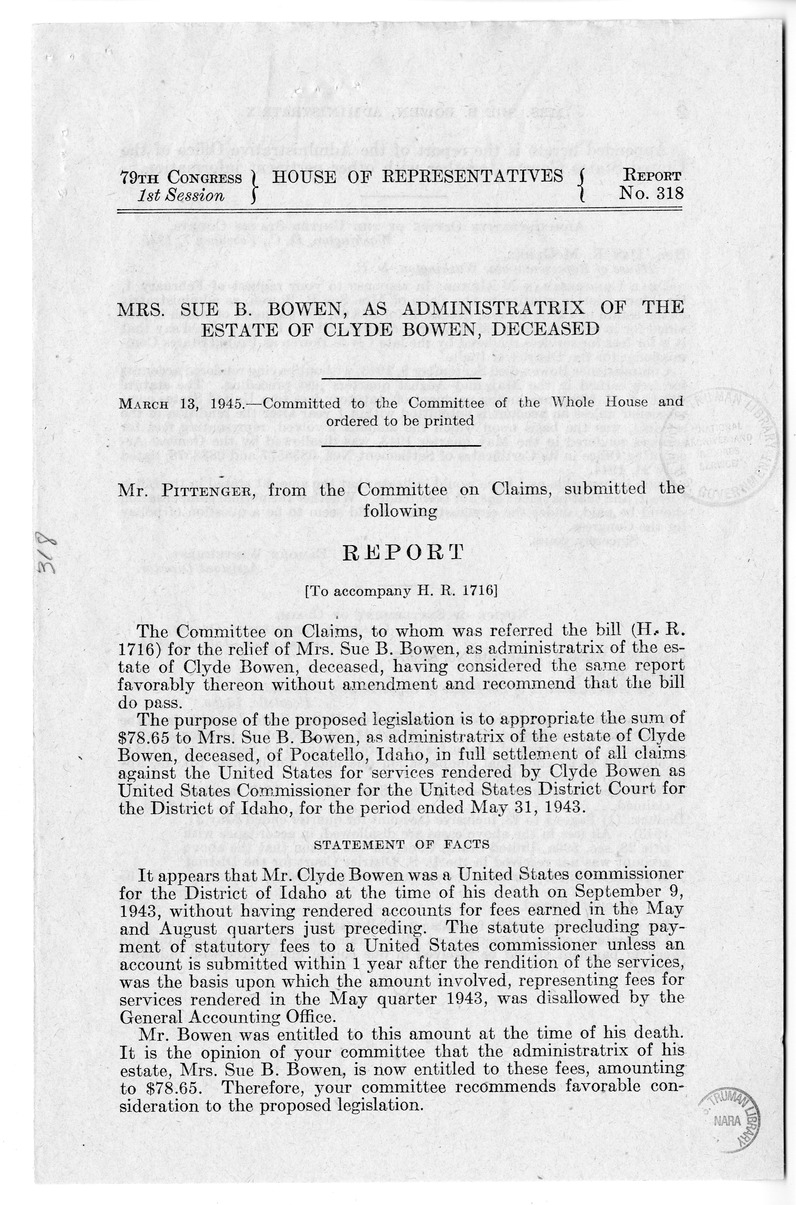 Memorandum from Frederick J. Bailey to M. C. Latta, H.R. 1716, For the Relief of Mrs. Sue B. Bowen, as Administratrix of the Estate of Clyde Bowen, with Attachments