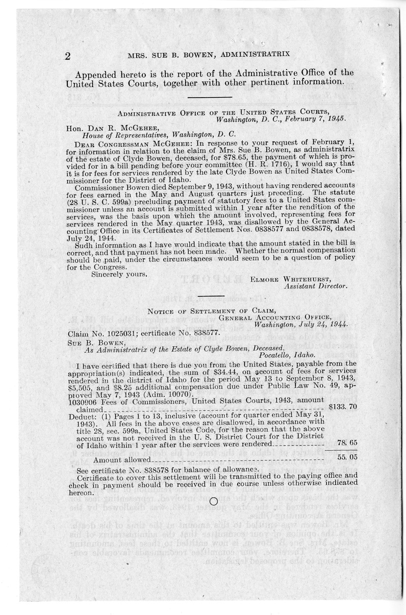 Memorandum from Frederick J. Bailey to M. C. Latta, H.R. 1716, For the Relief of Mrs. Sue B. Bowen, as Administratrix of the Estate of Clyde Bowen, with Attachments