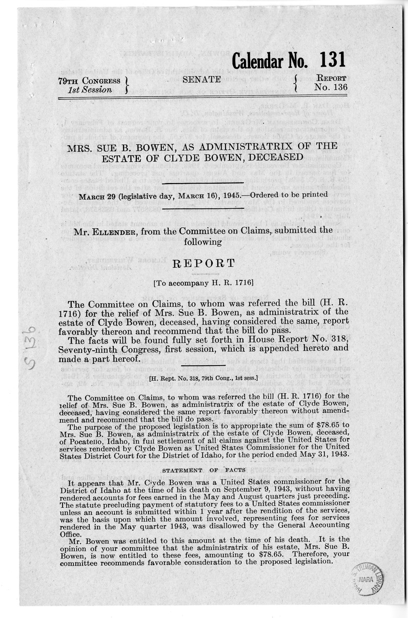 Memorandum from Frederick J. Bailey to M. C. Latta, H.R. 1716, For the Relief of Mrs. Sue B. Bowen, as Administratrix of the Estate of Clyde Bowen, with Attachments