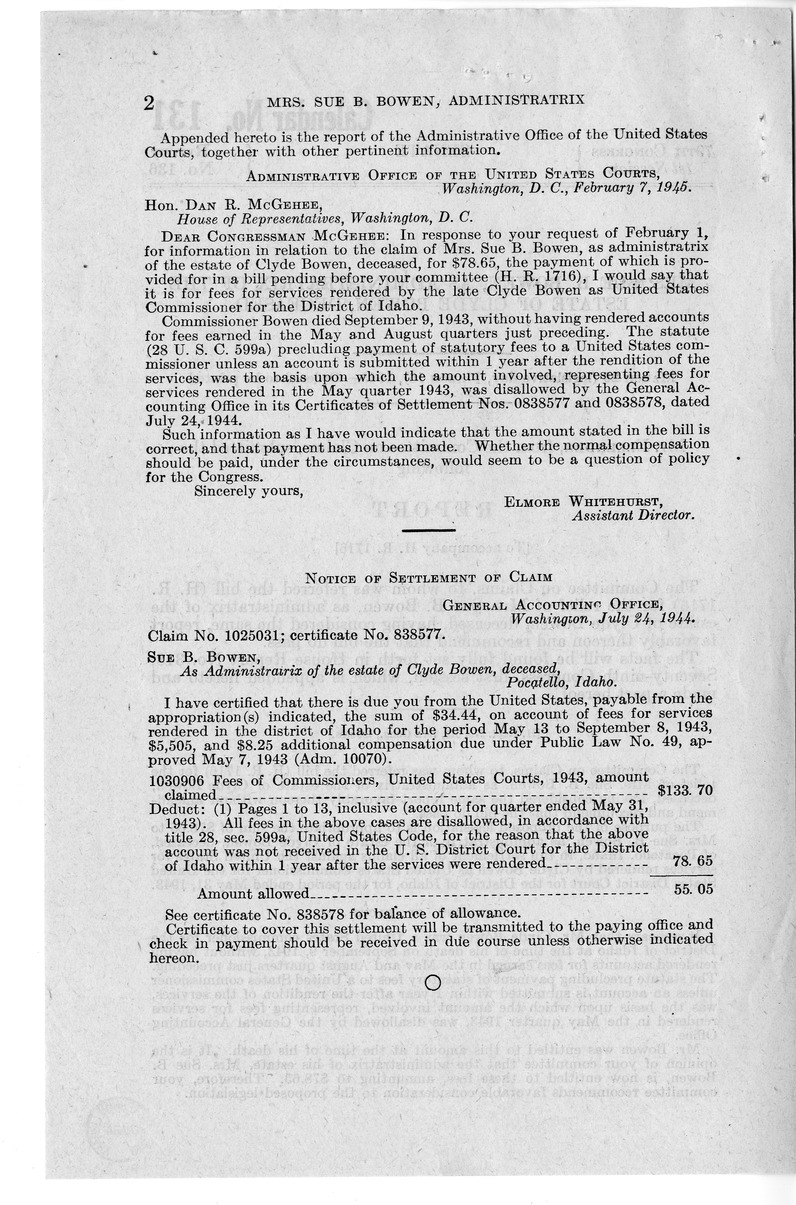 Memorandum from Frederick J. Bailey to M. C. Latta, H.R. 1716, For the Relief of Mrs. Sue B. Bowen, as Administratrix of the Estate of Clyde Bowen, with Attachments