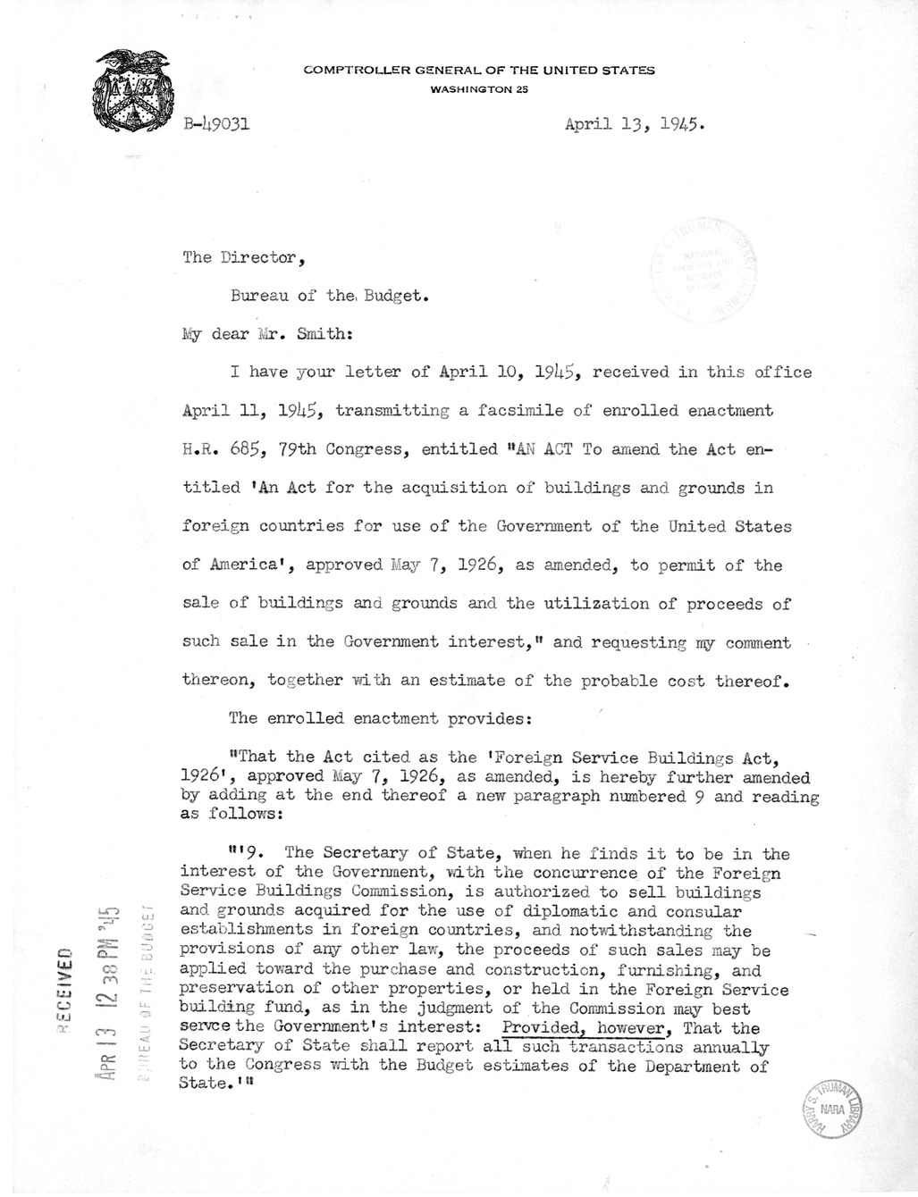 Memorandum from Harold D. Smith to M. C. Latta, H.R. 685, to Amend an Act for the Acquisition of Buildings and Grounds in Foreign Countries for Use of the Government of the United States of America, with Attachments