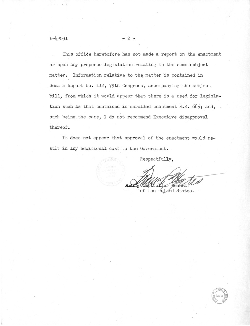Memorandum from Harold D. Smith to M. C. Latta, H.R. 685, to Amend an Act for the Acquisition of Buildings and Grounds in Foreign Countries for Use of the Government of the United States of America, with Attachments