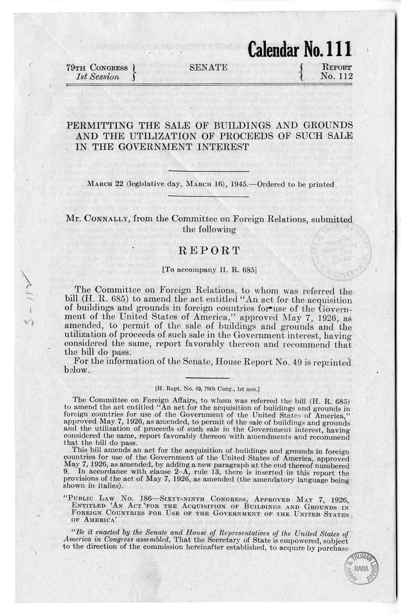 Memorandum from Harold D. Smith to M. C. Latta, H.R. 685, to Amend an Act for the Acquisition of Buildings and Grounds in Foreign Countries for Use of the Government of the United States of America, with Attachments