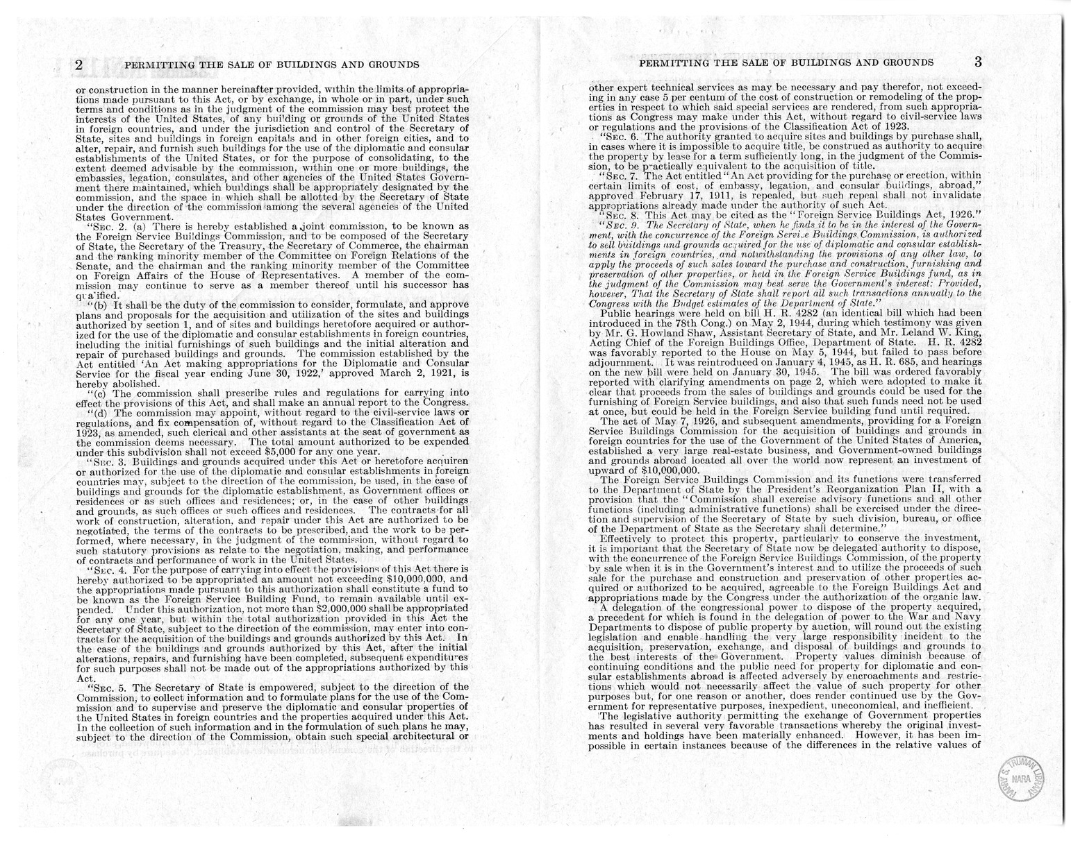 Memorandum from Harold D. Smith to M. C. Latta, H.R. 685, to Amend an Act for the Acquisition of Buildings and Grounds in Foreign Countries for Use of the Government of the United States of America, with Attachments