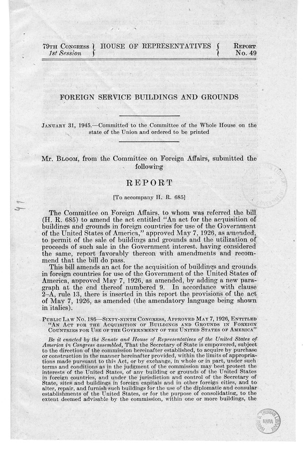 Memorandum from Harold D. Smith to M. C. Latta, H.R. 685, to Amend an Act for the Acquisition of Buildings and Grounds in Foreign Countries for Use of the Government of the United States of America, with Attachments