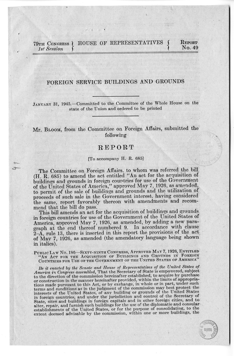 Memorandum from Harold D. Smith to M. C. Latta, H.R. 685, to Amend an Act for the Acquisition of Buildings and Grounds in Foreign Countries for Use of the Government of the United States of America, with Attachments