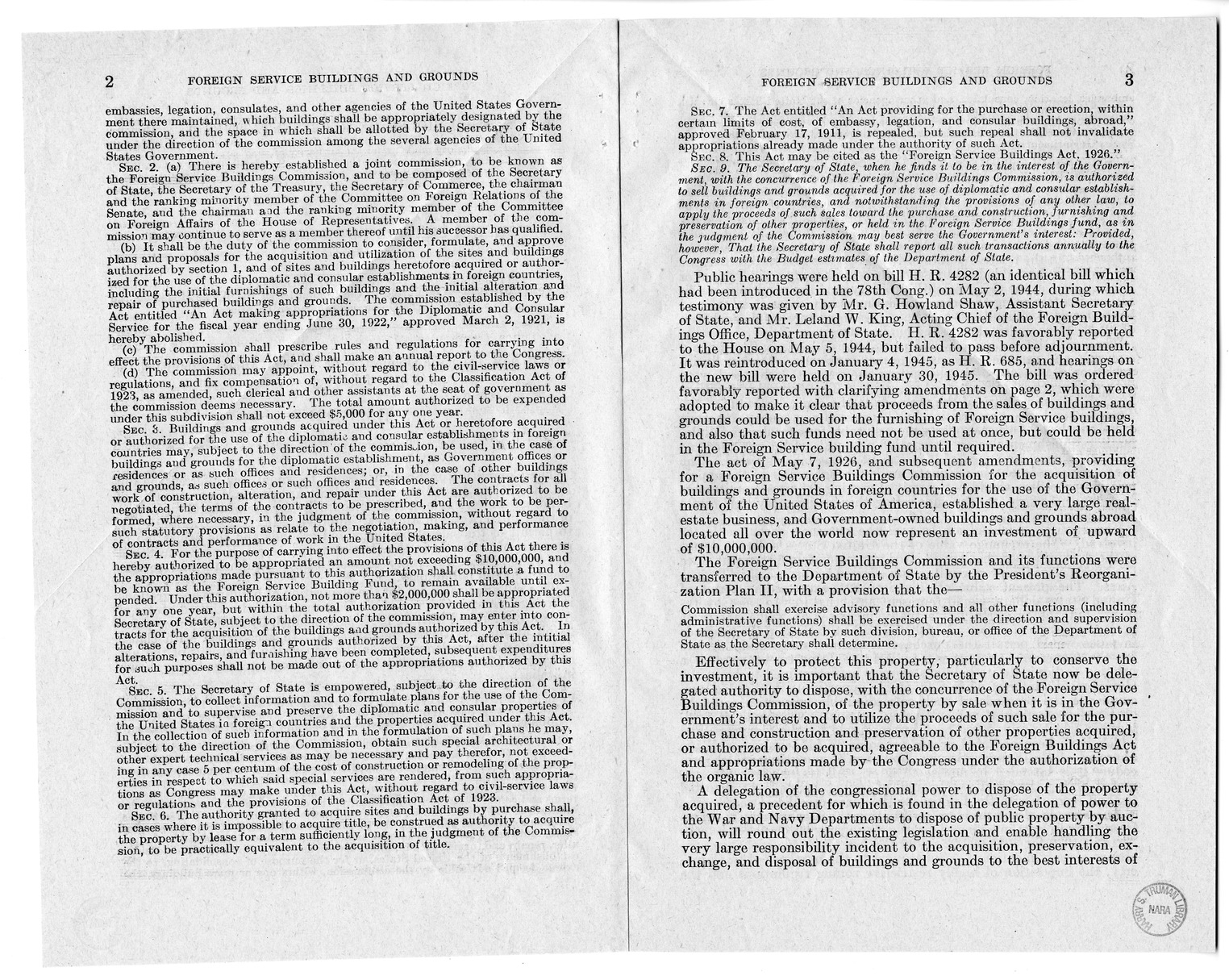 Memorandum from Harold D. Smith to M. C. Latta, H.R. 685, to Amend an Act for the Acquisition of Buildings and Grounds in Foreign Countries for Use of the Government of the United States of America, with Attachments