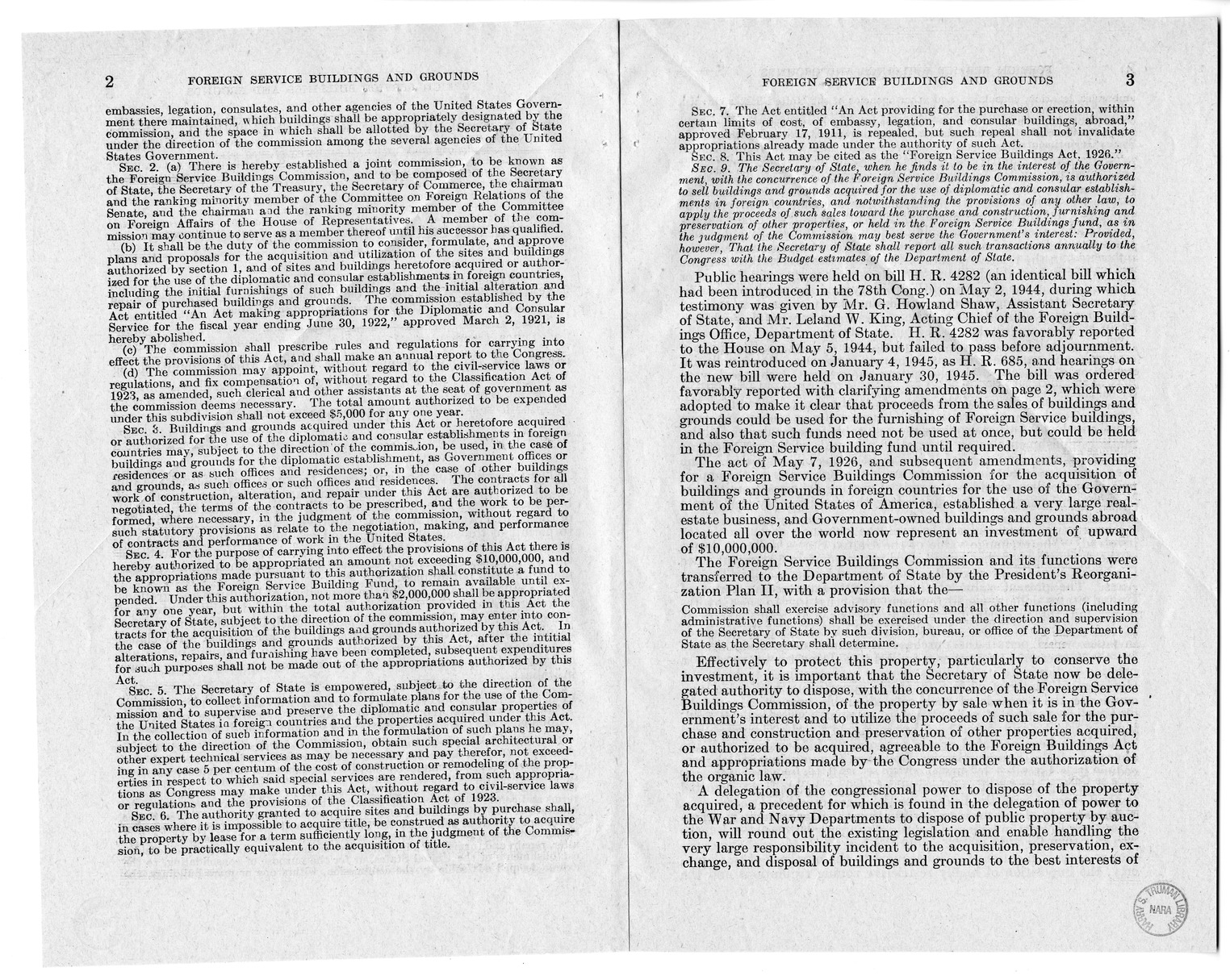 Memorandum from Harold D. Smith to M. C. Latta, H.R. 685, to Amend an Act for the Acquisition of Buildings and Grounds in Foreign Countries for Use of the Government of the United States of America, with Attachments