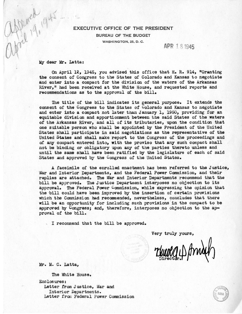 Memorandum from Harold D. Smith to M. C. Latta, H.R. 914, Granting the Consent of Congress to the States of Colorado and Kansas to Negotiate and Enter Into a Compact for the Division of the Waters of the Arkansas River, with Attachments