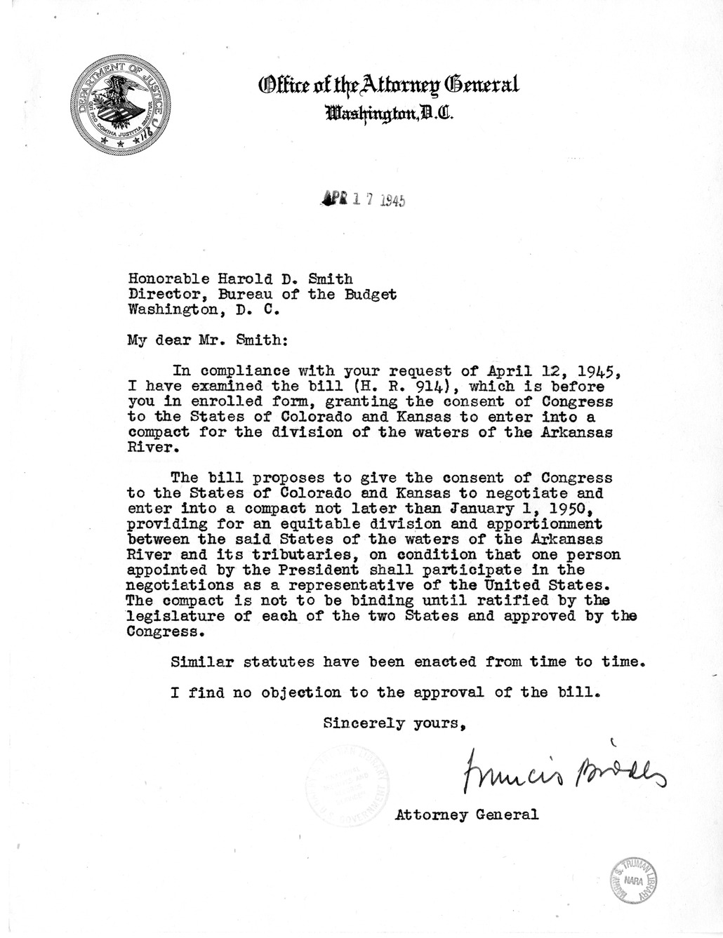 Memorandum from Harold D. Smith to M. C. Latta, H.R. 914, Granting the Consent of Congress to the States of Colorado and Kansas to Negotiate and Enter Into a Compact for the Division of the Waters of the Arkansas River, with Attachments