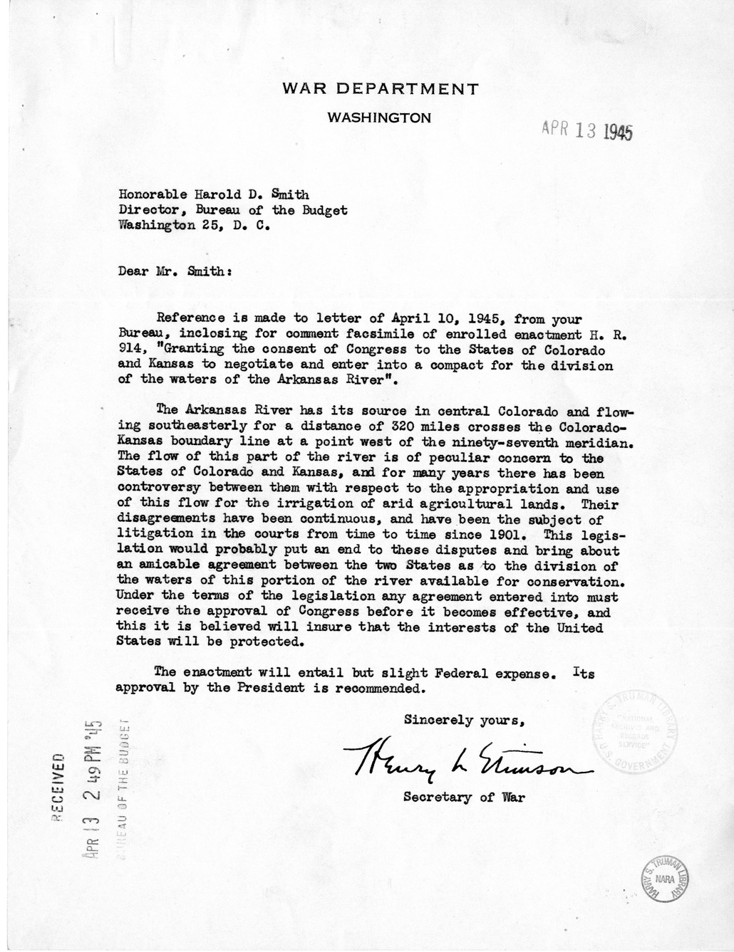 Memorandum from Harold D. Smith to M. C. Latta, H.R. 914, Granting the Consent of Congress to the States of Colorado and Kansas to Negotiate and Enter Into a Compact for the Division of the Waters of the Arkansas River, with Attachments